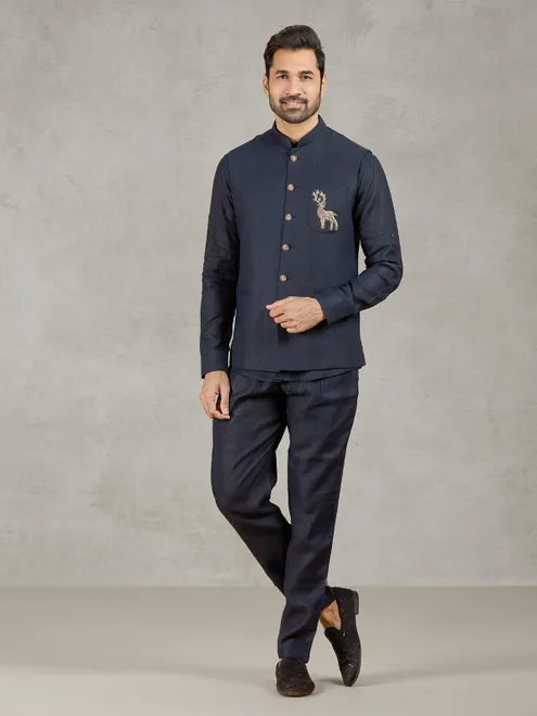 Navy linen waistcoat set with intricate zardosi detailing