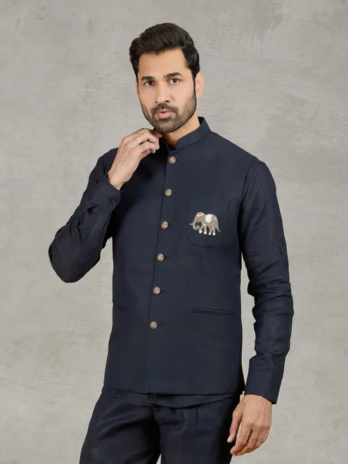 Navy linen waistcoat with shirt and embroidered elephant crest