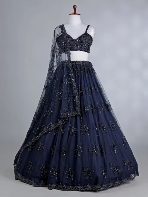 Navy net lehenga choli with pearls and beads work