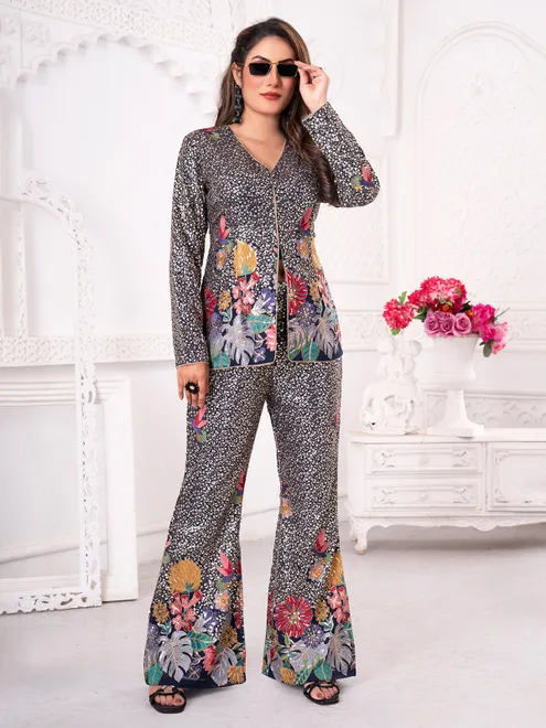 Navy pakistani silk palazzo suit with full sleeve embroidery