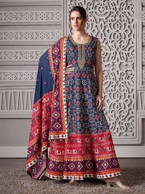 Navy patola printed anarkali style suit