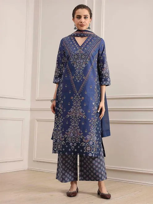 Navy printed cotton kurti set with dupatta