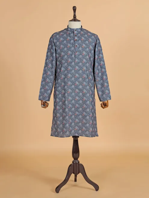 Navy printed cotton silk kurta set