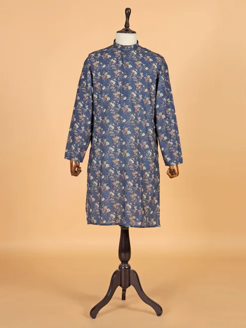 Navy printed cotton silk kurta suit for festive