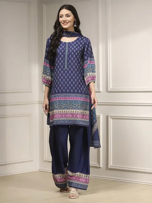 Navy printed cotton silk kurti set with dupatta