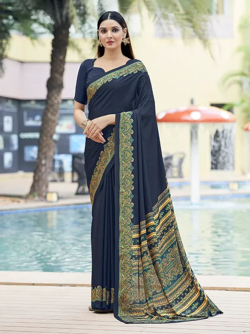 Navy printed crepe silk casual saree with contrast border and pallu
