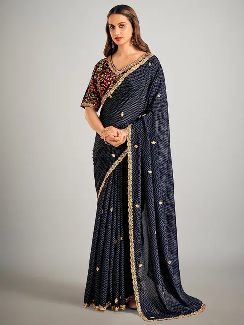 Navy printed crepe silk saree