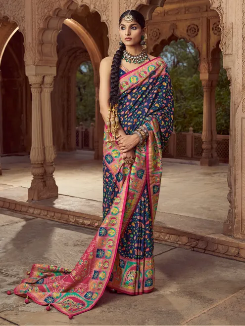 Navy printed festive wear saree in silk