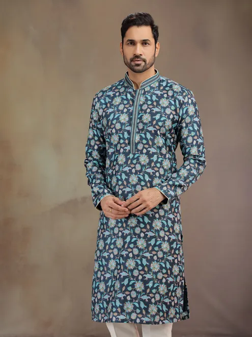 Navy printed silk kurta suit for men