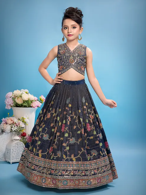 Navy printed silk lehenga choli for wedding wear