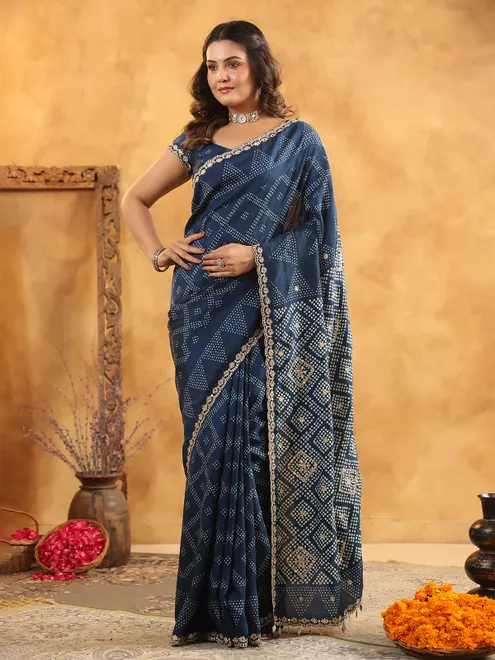 Navy printed silk saree with aabla highlights