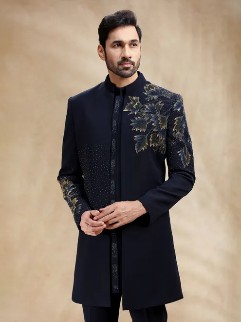 Navy reception wear indowestern set in terry rayon