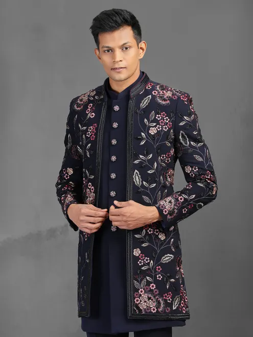 Navy reception wear indowestern suit with embroidery