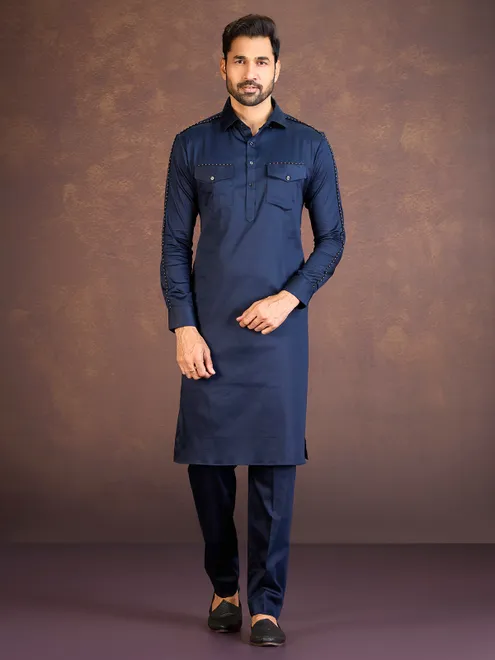 Navy satin cotton lycra pathani suit for men