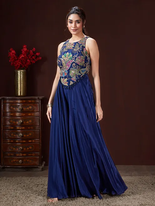 Navy satin silk palazzo suit for festival