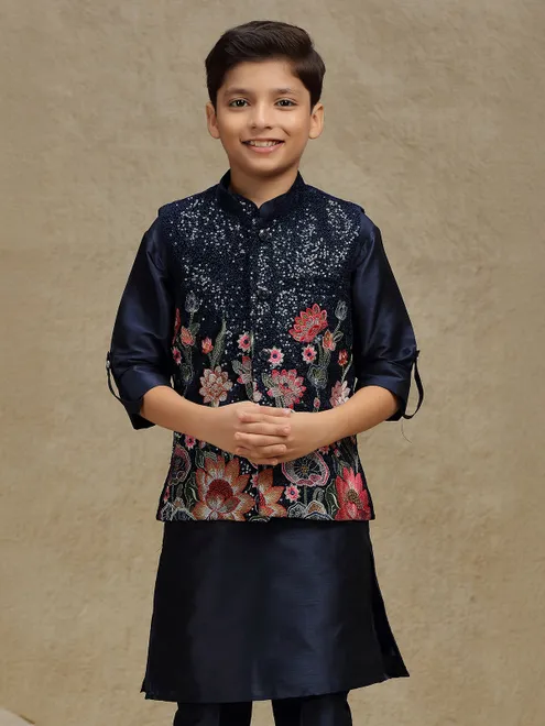 Navy sequins worked silk waistcoat set for boys