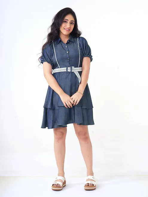 Navy silk collared frock with half sleeves