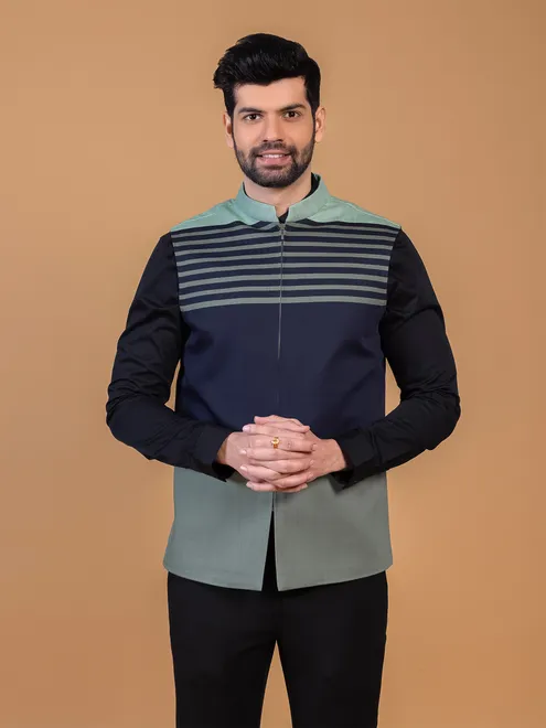 Navy silk color block waistcoat