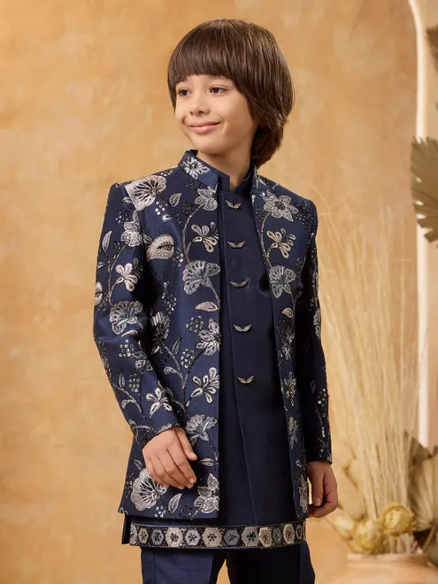 Navy silk embroidered jacket style indo western set