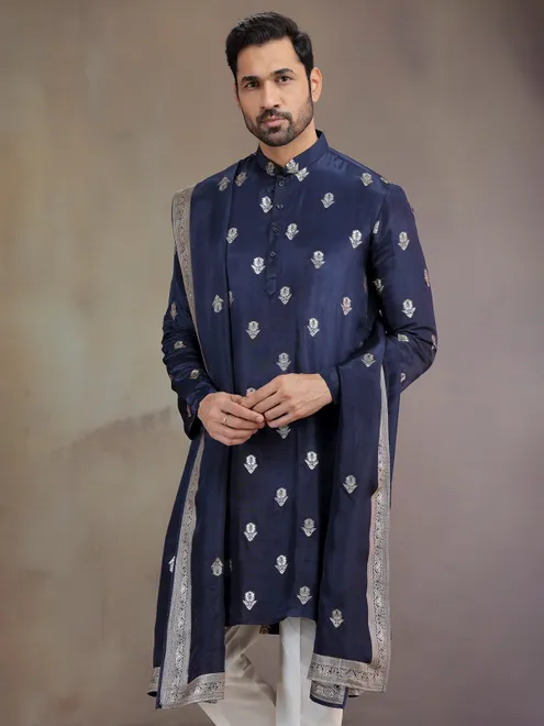 Navy silk kurta pajama for wedding celebration
