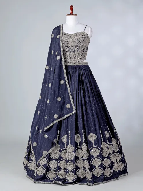Navy silk lehenga choli with mirror embellishments