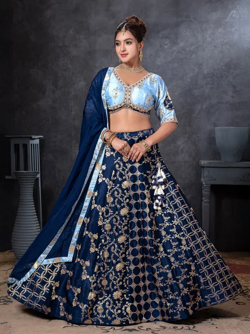 Navy silk lehenga choli with zari embellishment