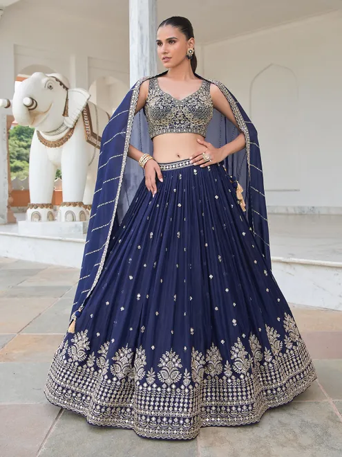 Navy silk mirror work lehenga choli