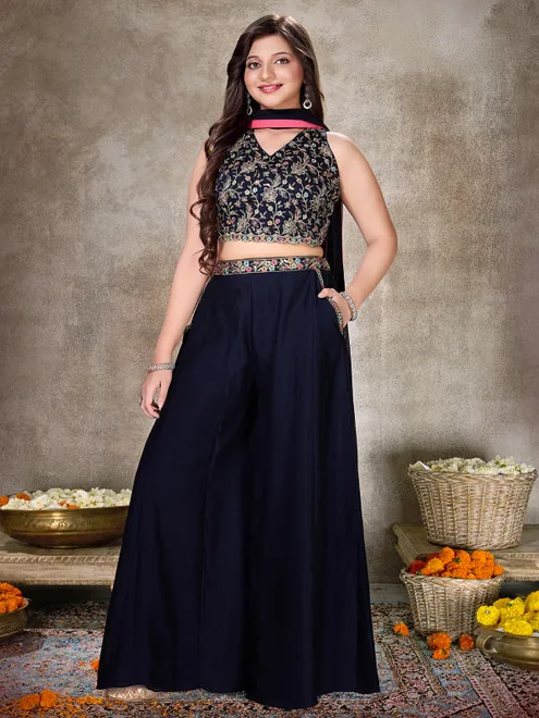 Navy silk palazzo suit for festive celebrations