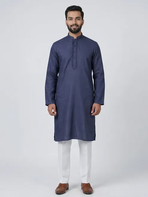 Navy silk plain festive mens kurta suit