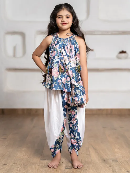 Navy silk printed dhoti suit for girls