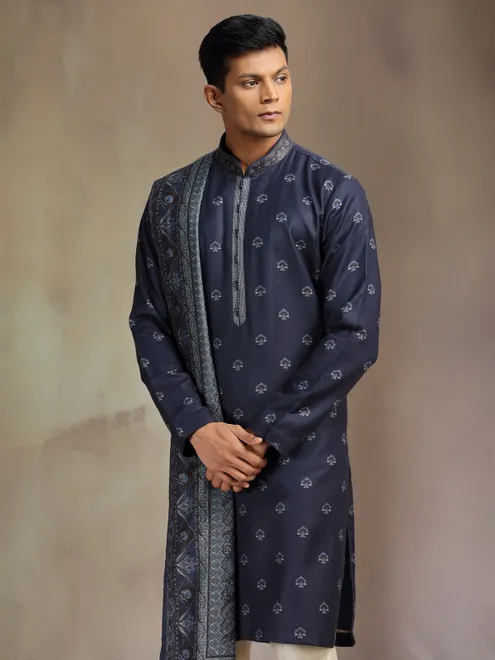 Navy pashmina silk printed kurta suit with dupatta