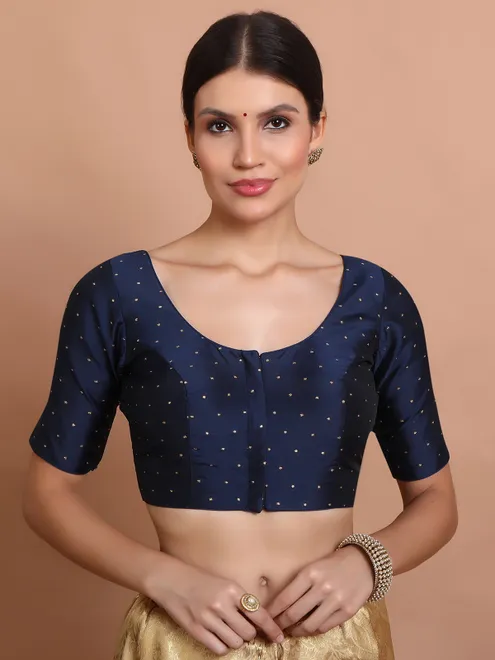 Navy silk round neck blouse with zari accents