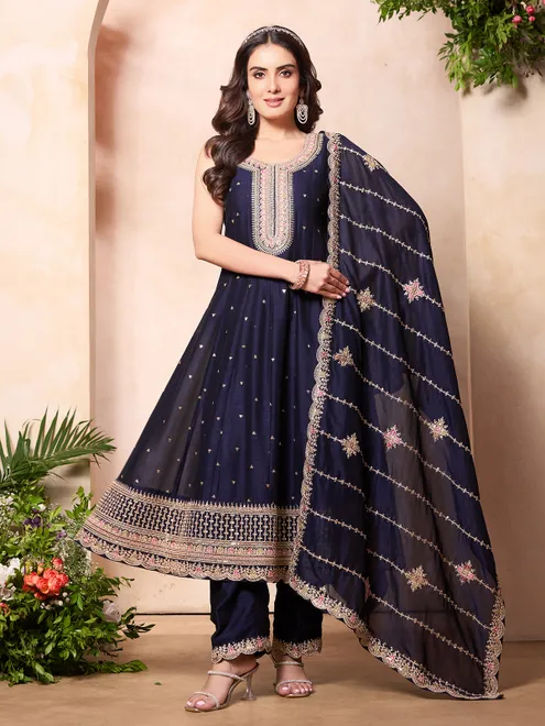 Navy silk sleeveless pakistani style anarkali suit