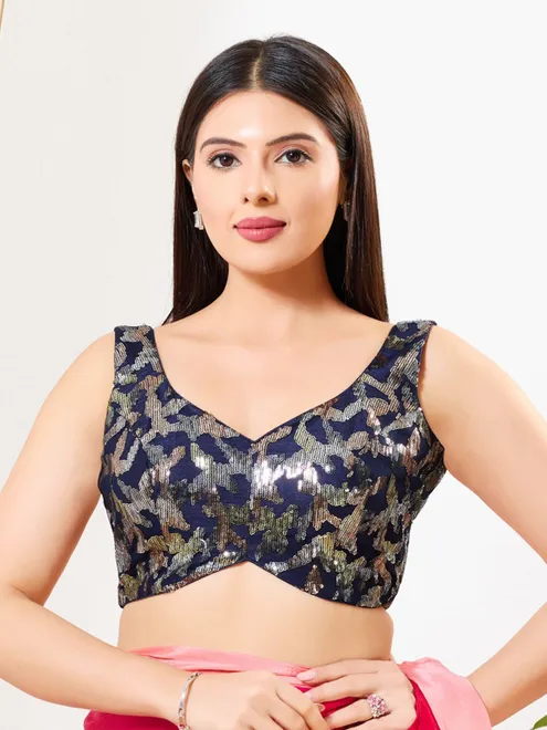 Navy silk sleeveless sequins work sweetheart neck blouse