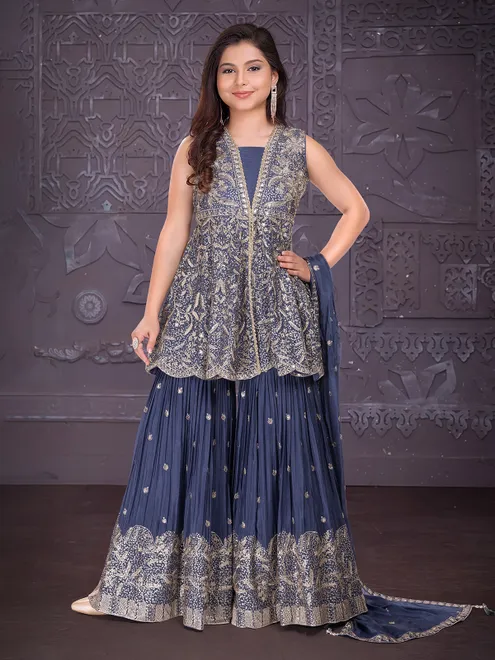Navy silk sleeveless sharara suit for wedding wear