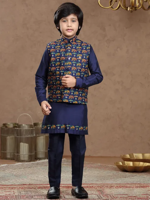 Navy silk waistcoat set in printed pattern