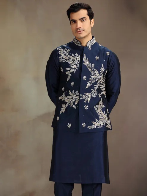 Navy silk waistcoat set with embroidery and sequins