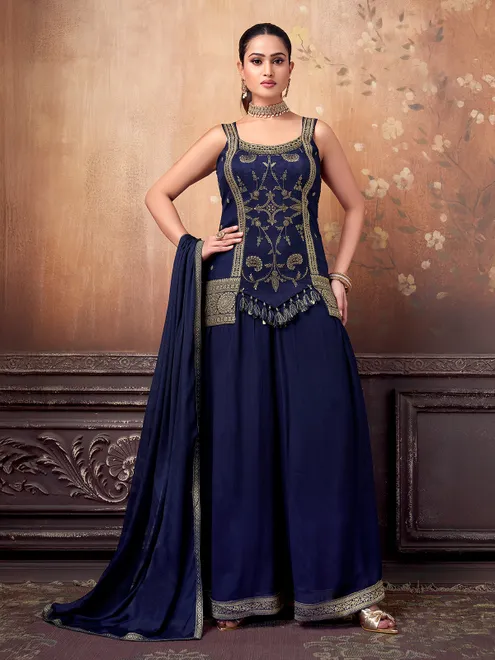 Navy silk zardosi work palazzo suit