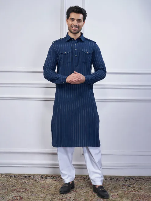 Navy stripe cotton pathani suit for men