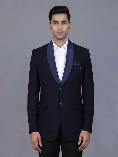 Navy terry rayon blazer for party wear