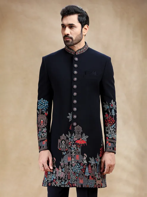 Navy terry rayon indowestern set with attractive work