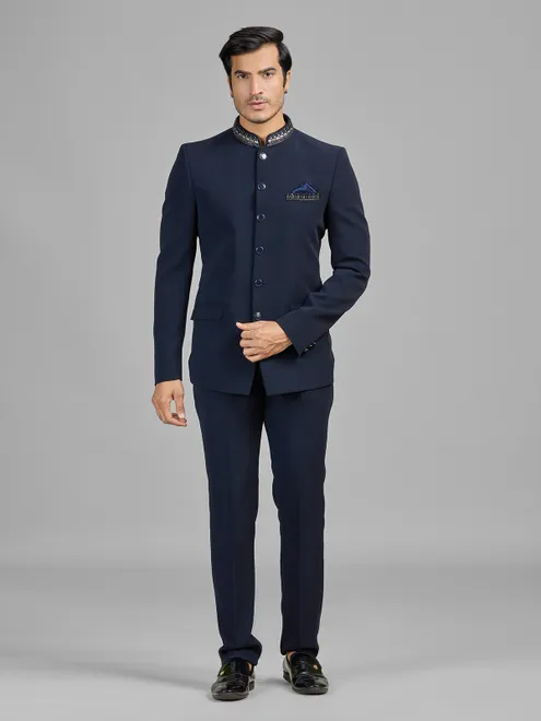 Navy terry rayon jodhpuri suit for party events