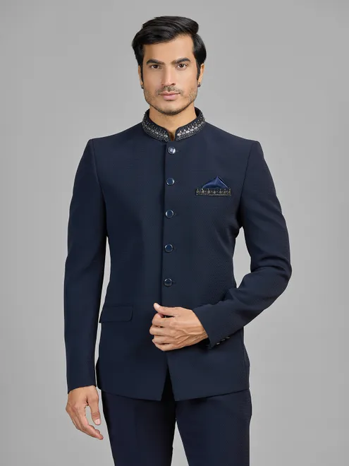 Navy terry rayon jodhpuri suit for party events