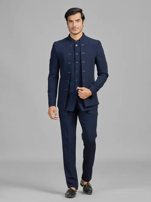 Navy terry rayon jodhpuri suit with standout jacket