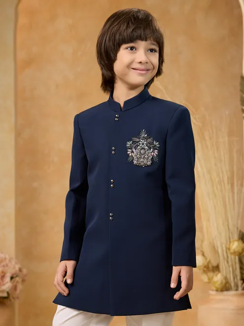 Navy terry rayon mirror work indo western set