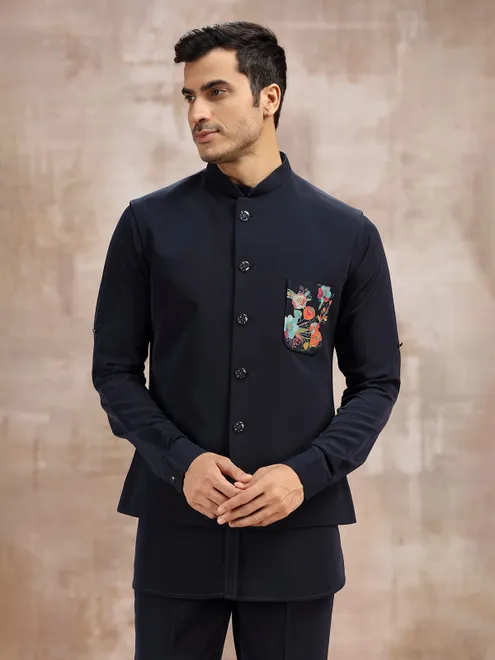 Navy terry rayon waistcoat set for reception look