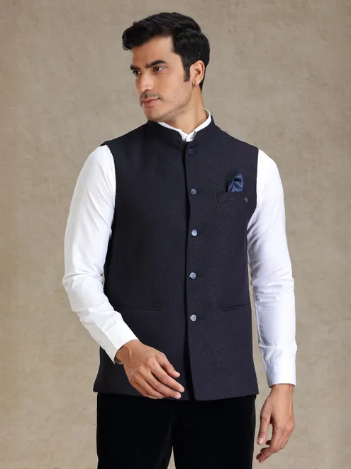 Navy textured bandhgala jacket for men