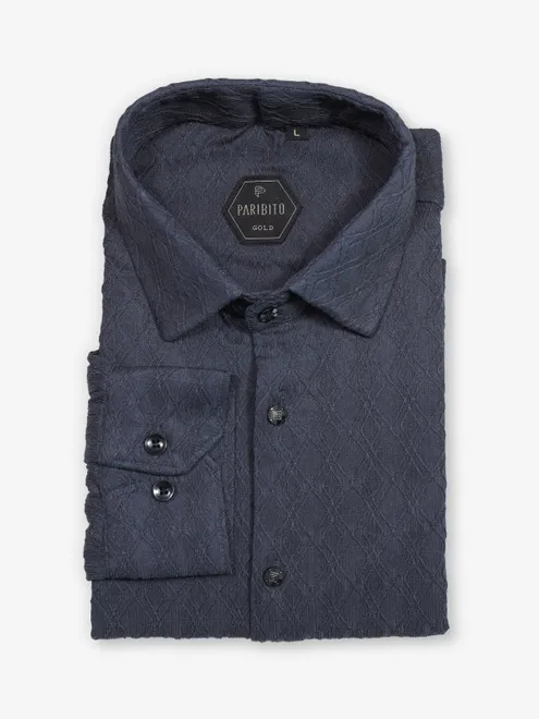 Navy textured cotton slim fit shirt for party