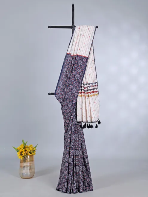 Navy tusser silk printed saree for festival wear