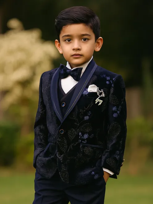 Navy velvet coat suit for reception